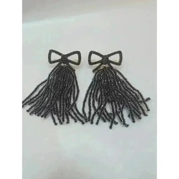 Serra Black with GoldTone backing Sead Beed Bow Design Tassel Earrings - Picture 3 of 4